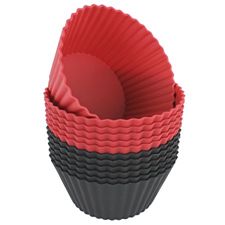 Freshware CB-320RB 12-Pack Silicone Jumbo Round Reusable Cupcake and Muffin Baking Cup, Black and Red Colors