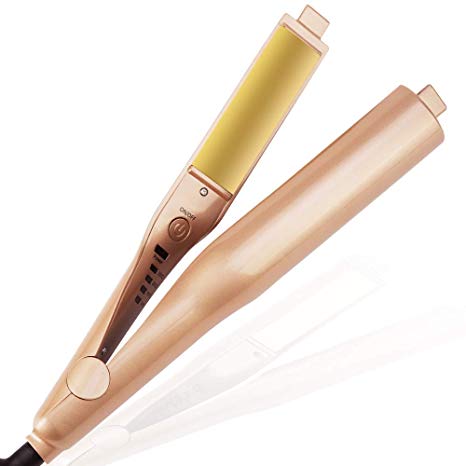 2 in 1 Twist straightener and curling iron,dual voltage hair straightener with Temp Display,1 inch 3D Concave and Convex Ceramic Titanium plate(Gold)