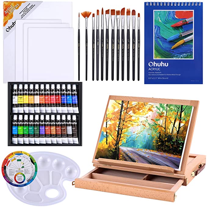 Acrylic Painting Set, 44pcs Ohuhu Artist Set with Wood Table-Top Easel Box, Art Painting Brushes, Acrylic Paint Tubes, and Acrylic Painting Pads for Artist Students, Back to School Art Gift Choice