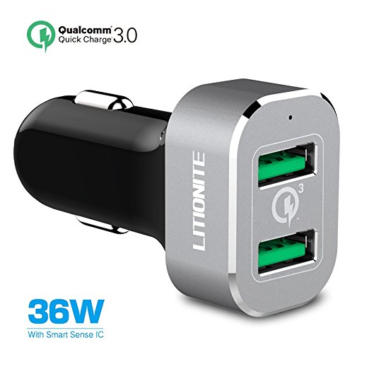 Litionite® Toretto 36W Car Charger Dual USB with QUICK CHARGE 3.0 Technology - Fast Charging for Smartphone and Tablet