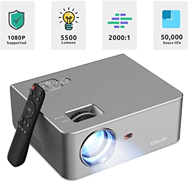 Video Projector YOHOOLYO 1080P HD Projector 5500L Outdoor Movie Projector Supported Max 250inches Screen Compatible with TV Stick PS4 HDMI 720P Native Resolution with Built-in Hi-Fi Speaker