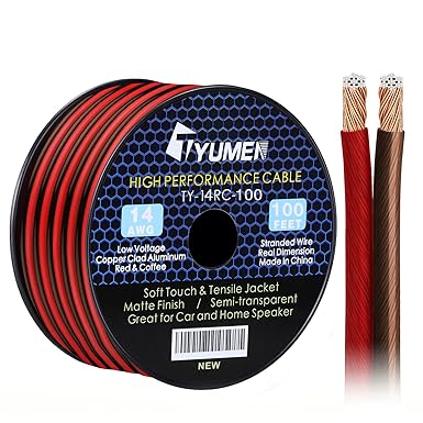 TYUMEN 100FT 14/2 Gauge Red/Brown Wire Power Ground Cable, 14 AWG Stranded Flexible Wire for Electrical Wire, Primary Automotive Wire, Battery Cable, Car Audio Speaker, 12 Volt Low Voltage Wiring