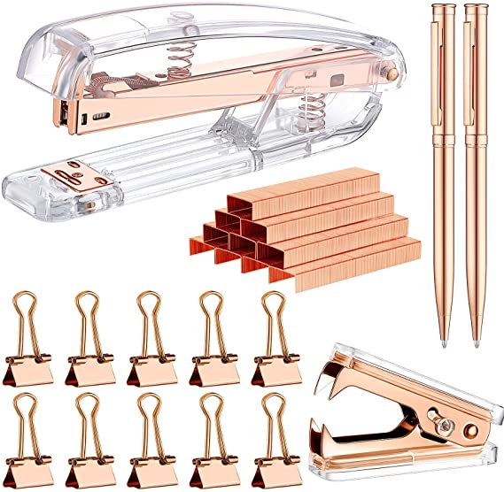 1014 Pieces Acrylic Stapler Set, Including Stapler, Staples Remover, 2 Ballpoint Pen, 10 Binder Clips and 1000 Staples, Desktop Stapler Kit for Home Office School (Rose Gold)