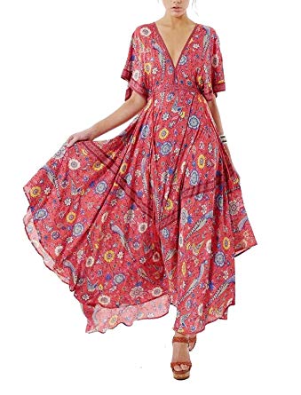 R.Vivimos Women Summer Print Deep V Neck Cotton Beach Long Dresses