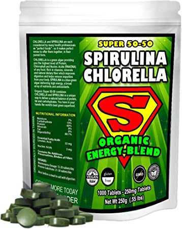 Spirulina Chlorella Cracked Cell Wall Super 50-50 Super-Pack 1,000 Tablets). Raw Organic Gluten-Free Non-GMO Green Superfood. High Protein, Chlorophyll & nucleic acids. No preservatives, No Fillers