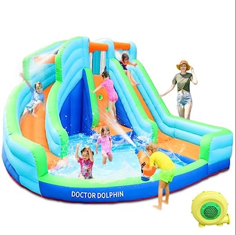 Doctor Dolphin Water Slides for Kids Backyard, Bounce House Water Slide, Inflatable Water Park with Slide for Wet and Dry(Blower Include)