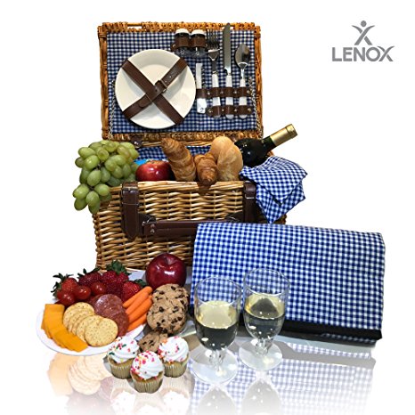 Picnic Basket Set - 2 Person Picnic Hamper Set - Waterproof Picnic Blanket Ceramic Plates Metal Flatware Wine Glasses S/P Shakers Bottle Opener Blue Checked Pattern Lining Picnic Set