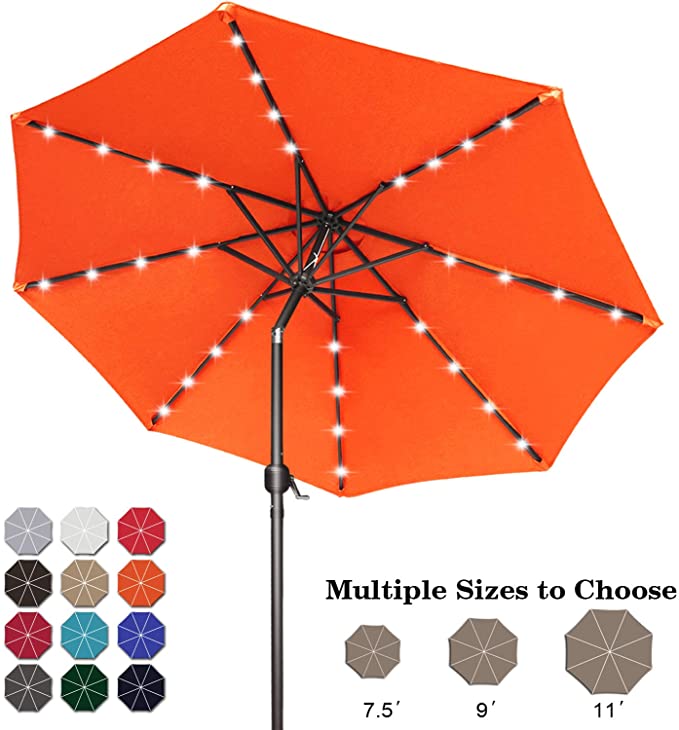 ABCCANOPY 9FT Patio Umbrella Ourdoor Solar Umbrella LED Umbrellas with 32LED Lights, Tilt and Crank Table Umbrellas for Garden, Deck, Backyard and Pool,12 Colors,(Orange)