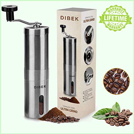 DIBEK UPGRADED VERSION Manual Coffee Grinder, Conical Burr Mill, Brushed Stainless Steel - Lifetime Warranty
