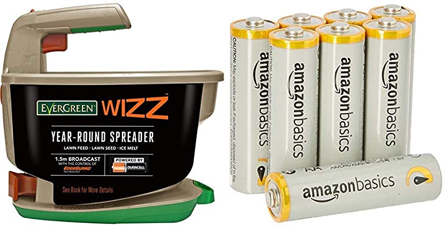 EverGreen Wizz Year Round Spreader & Amazon Basics AA Performance Alkaline Batteries [Pack of 8] - Packaging May Vary