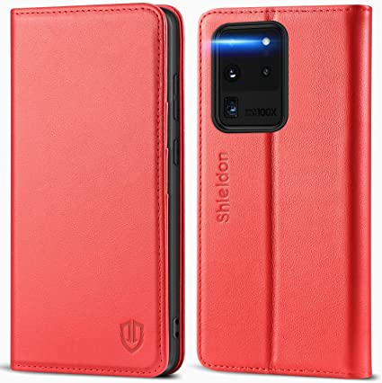 SHIELDON Genuine Leather Galaxy S20 Ultra 5G Wallet Case Folio Cover Kickstand with Credit Card Slots Full Protection Shockproof Magnetic Case Compatible with Samsung Galaxy S20 Ultra 5G (6.9") - Red