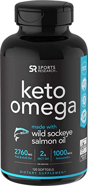 Keto Omega-3 Fish Oil with Wild Sockeye Salmon, Antarctic Krill Oil, Astaxanthin & Coconut MCT Oil ~ 1200mg of EPA & DHA per Serving ~ Keto Certified & Non-GMO Verified (120 softgels)