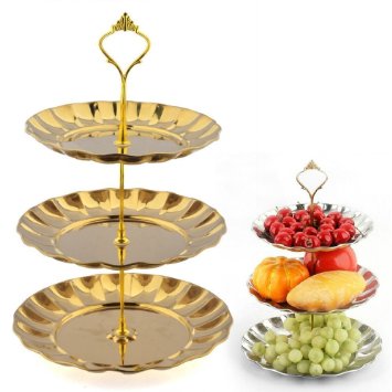 GkGk® 3-Tier Stainless Steel Plates Stand Fruits Cakes Desserts Candy Buffet Stand for Wedding &Home&Party(Gold) (3 Tier, Gold)