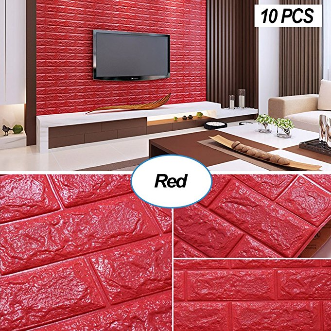 Masione 3D Foam Wall Panels Red Brick Wallpaper Self-adhesive Removable for TV Walls, Background Wall Decor (Red-10PCS)