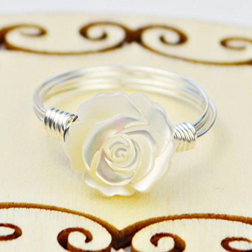 Carved White Mother of Pearl Rose Flower Sterling Silver Wire Wrapped Ring- Custom made to size 4 -14