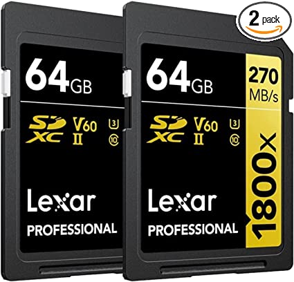 Lexar Professional 1800x SDXC UHS-II Card Gold Series, 270 MB/s Read, 180 MB/s Write, Designed for Durability (64GB, 2-Pack)