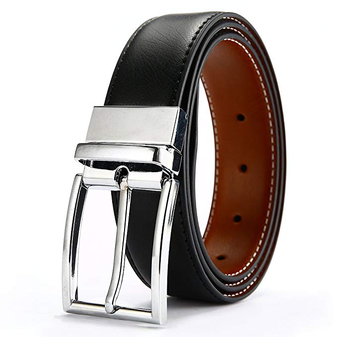 DWTS Men's Belt Genuine Leather Belts For Men Reversible with Rotated Buckle