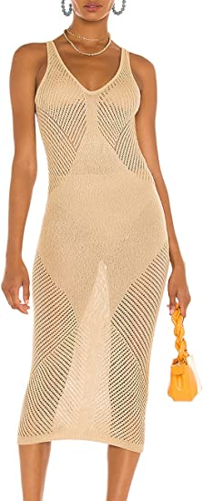 Bsubseach Women Lace Up V Neck Long Sleeve Crochet Swimsuit Cover Up Dress