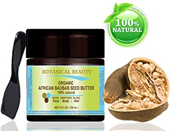 ORGANIC AFRICAN BAOBAB SEED BUTTER. 100 % Natural / 100% PURE BOTANICALS. VIRGIN/ UNREFINED BLEND. 4 fl oz- 120ml. for Skin, Hair, Lip and Nail Care. One of the richest natural sources of vitamins A, D, F & E and a remarkable and stable source of omega 3, 6 & 9 and minerals. Nature’s Perfect moisturizer by Botanical Beauty.