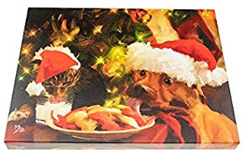 Clever Creations Cat and Dog Eating Santa's Cookies Light Up Poster Canvas Wall Art with Bright LED Lighting - 15.75 in x 11.75 in Perfect Size for Living Room, Office or Classroom - Battery Powered