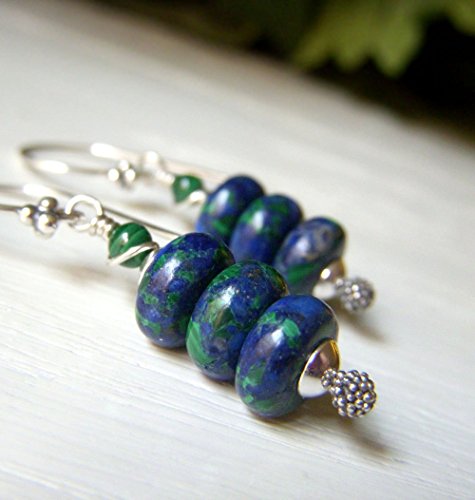 Azurite Malachite Earrings - 925 Sterling Silver - Rondelle Shape Genuine Gemstone - Natural Stone Jewelry - Blue and Green Dangle Earrings