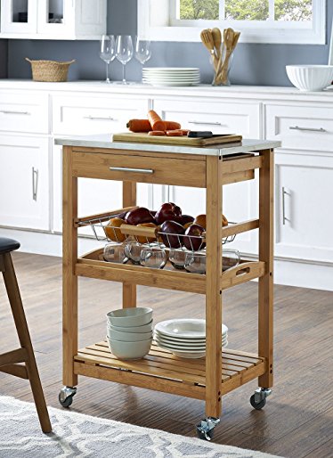 Boraam 50651 Aya Bamboo Kitchen Cart with Stainless Steel Top