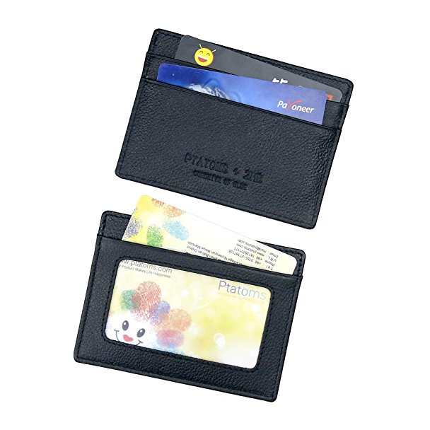 Ptatoms Slim Utral Thin 4 Card Slots Pocket Brown Unisex Genuine Leather Id Wallet and Credit Card Holder Wallet（horizontal Design）