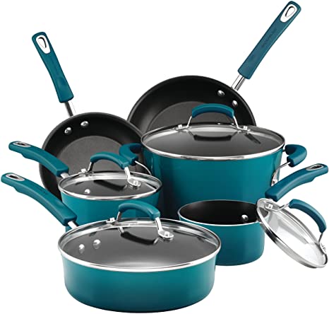 Rachael Ray 17683 Brights Nonstick Cookware Pots and Pans Set, Marine Blue