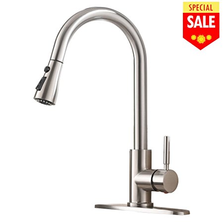 VESLA HOME Single Handle High Arc Pull out Brushed Nickel Kitchen Faucet, Single Level Stainless Steel Kitchen Sink Faucets with Pull down Sprayer