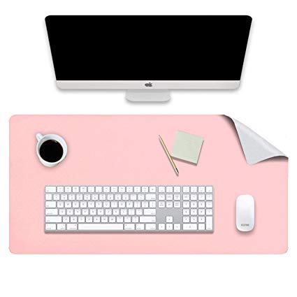 KELIFANG Mouse Pad, Office and Gaming Desk Mat, Portable Large PU Leather Premium Textured Computer Desk Pad, Waterproof and Non-Slip, Double Side Desk Protector (31.5”x15.7”, Pink/Sliver)