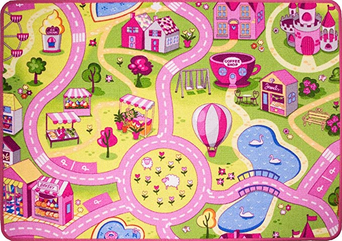 Funfair Pink Colourful Kids Town City Roads Childrens Floor Play Area Rug Mat 3'1" x 4'4" (95cm x 133cm)