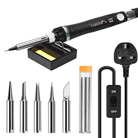 TABIGER Soldering Iron Kit with Adjustable Temperature ON/Off Switch, 60W/220V Electronics Soldering Tool with 5PCS Soldering Tips, Solder Wire, Soldering Iron Stand with Sponge for Repair Usage