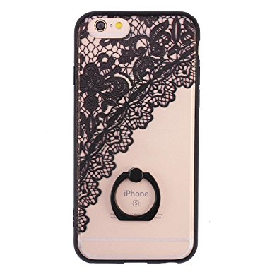 iPhone 6s Case, i-Dawn iPhone 6 6S Ultra Thin Clear Hard Acrylic Soft TPU Rubber Bumper Case Cover with 360 Degrees Rotating Portable Ring Stand for Apple iPhone 6/6S [Lace Flower Series] Black