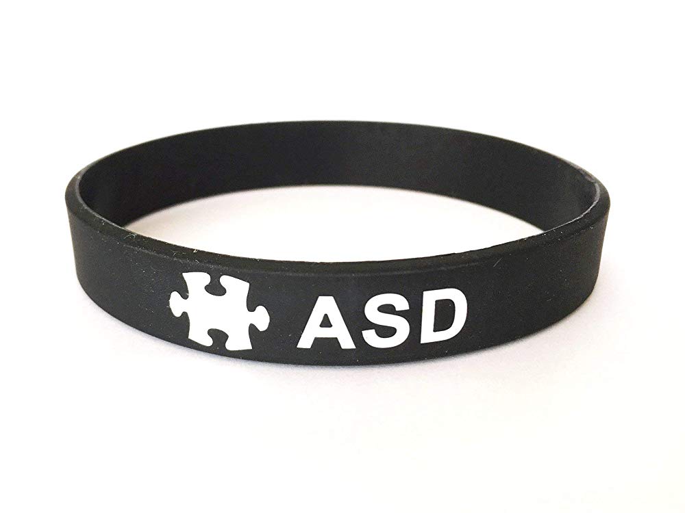 ASD Autism wristband medical alert ID bracelet black white mens ladies silicone band autistic aspergers by Butler & Grace.