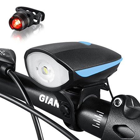 2-in-1 Bike Horn Light, USB Rechargeable 2 Loud Siren Sound Bike Bell with 3 Mode LED, Multifunctional 120 DB Cycling Horn Handlebar Ring Bike Light (Blue)