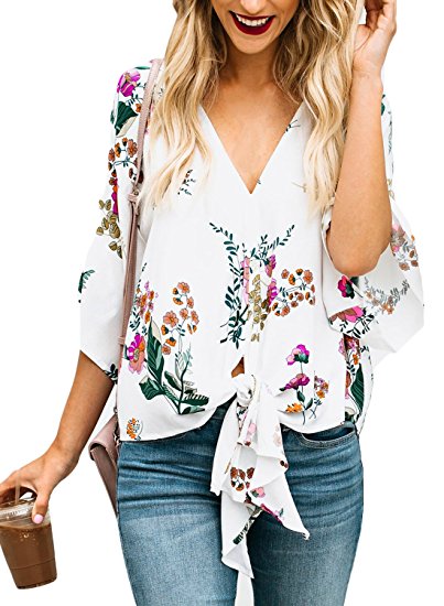 FARYSAYS Women's Summer Short Sleeve Floral Print V Neck Tie Knot Front T-Shirt Tops Casual Blouse