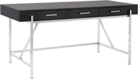 OSP Home Furnishings Broadway Modern Executive Desk with 3 Drawers and Charging Station, Black Gloss Finish with Chrome Frame