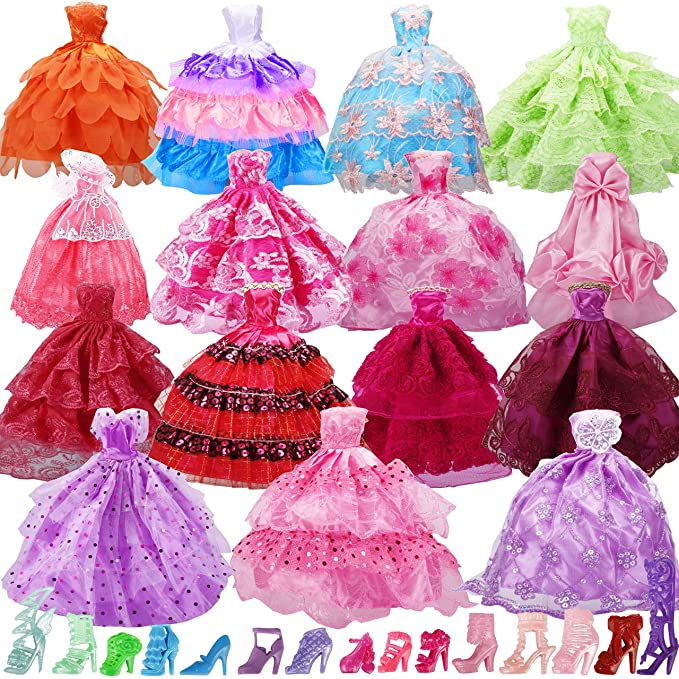 15 Pack Handmade Doll Clothes Dress & 15 Pairs Doll Shoes for Barbie Doll and Other11.5 Inch Doll, Accessories Lace Wedding Party Dresses Gowns Outfits Gifts,Organza Drawstring Pouches Gift Packing.