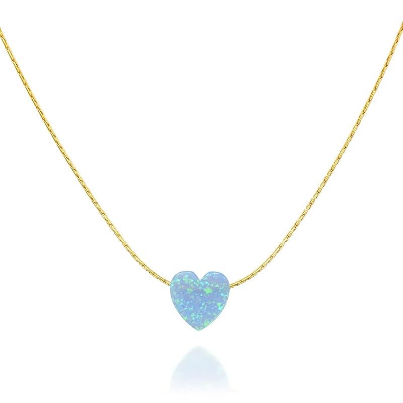 Tooliks - Blue Opal Heart on 14K Gold Filled Choker Necklace - Designer Handmade Thin Collar for Women - Length: 13.5 inch   3 inch Extender (gold filled, blue)