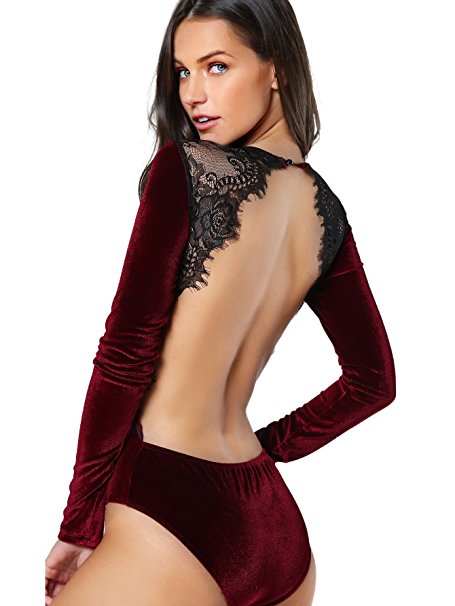 DIDK Women's Long Sleeve Backless Lace Applique Bodysuit