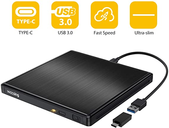 VicTsing USB 3.0 External CD DVD Drive, 0.6 inch Ultra-Slim CD DVD  /-RW ROM Writer Rewriter Burner with Type-c Interface, Plug and Play, Compatible with Laptop, Desktop, PC, Windows 7/8/10/XP/Mac OS