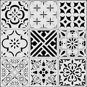 9 Pieces Floor Painting Stencils Large Tile Stencils Wall Drawing Pattern Templates Floor Stencils Kit in 9 Styles for Painting Linoleum Floor Wall Wood Tiles Cement Decor (Simple Style,6 x 6 Inch)