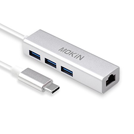 MOKiN USB-C to 3-Port USB 3.0 Hub with Ethernet Adapter for USB C Type-C Thunderbolt 3 Laptop Including New MacBook, Dell XPS 13, HP Spectre X2 and More