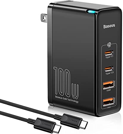 100W USB C Charger for Macbook Pro Air M1 16 15 13 inch, Baseus GaN Type C PD Fast Charger Block 4 Ports Wall Power Adapter USB-C Laptop Charger for iPhone 12 Pro Max Mini Galaxy S21 S20 iPad Dell XPS