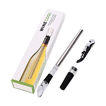 Iceless Wine Chiller, 3-in-1 Stainless Steel Wine Bottle Cooler Stick with Aerator and Pourer - Includes a Waiter's Corkscrew and Stopper
