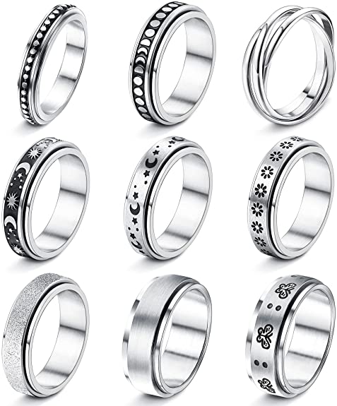 YADOCA 9Pcs Stainless Steel Anxiety Rings for Women Men Hypoallergenic Relieving Stress Anxiety Fidget Band Spinner Ring Moon Star Sand Blast Finish Ring