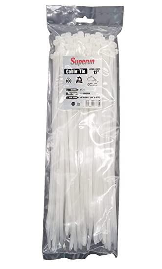 Superun 12 inch selflocking cable tie, 50 lbs tensile strength (Industrial grade zip tie) pack of 100 white