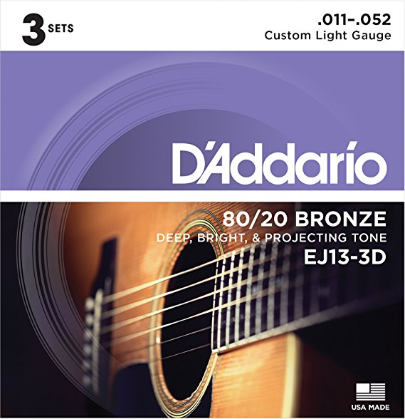 D'Addario EJ13-3D 80/20 Bronze Acoustic Guitar Strings, 11-52, 3 Sets, Custom Light