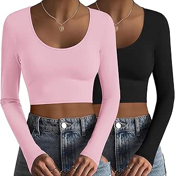 Ekouaer Long Sleeve Crop Tops for Women Scroop Neck Lightweight Basic T Shirts Tight Fitted Y2k Tee S-XXL