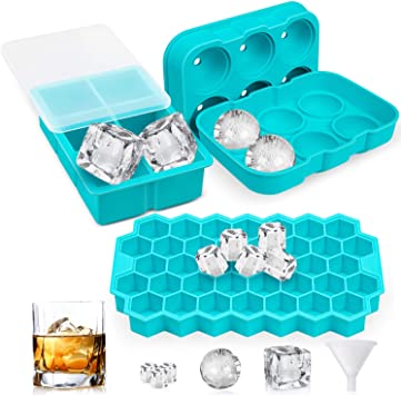 Newdora Ice Cube Trays, 3 Pack Silicone Ice Cube Tray with Lids, Sphere Square Honeycomb Ice Cube Mold, Flexible,Reusable, BPA Free Ice Trays for Whiskey, DIY, Dishwasher Safe, Blue